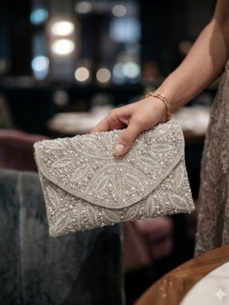 Elegant whiteand gray beaded clutch
